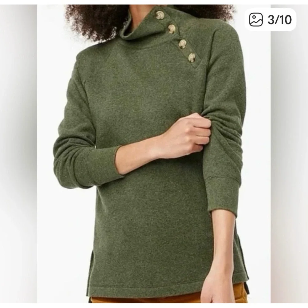 J. Crew Womens XXS Button Collar‎ Funnel Neck Sweatshirt Olive Green  Pullover